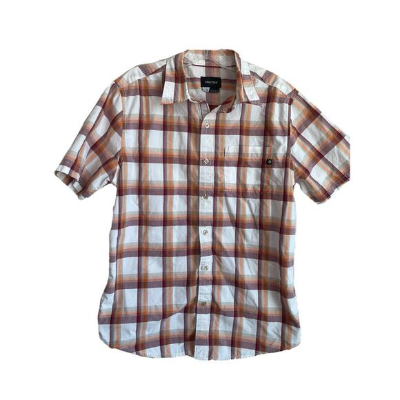 Marmot Meeker Mens Button Up Shirt Outdoor Hiking Medium Plaid Orange UPF 50 - Picture 1 of 6